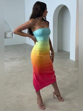 Revolve Runaway the Label Malibu Sequence Midi Fitted Dress Pink Blue Ombre S